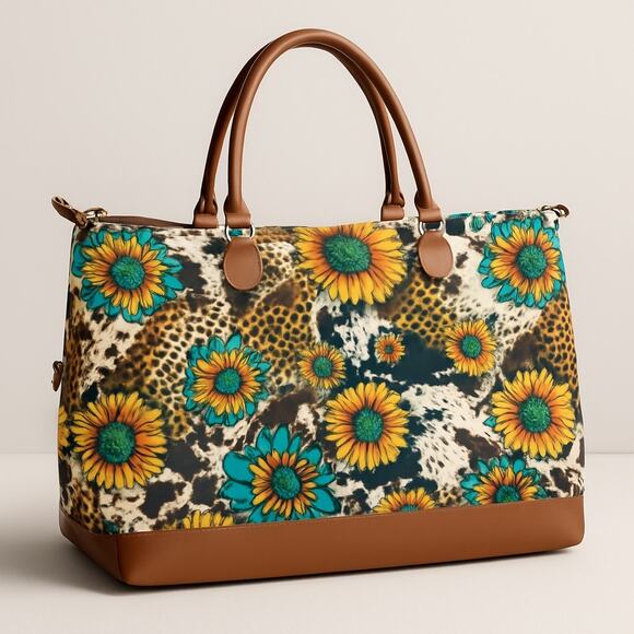 Sunflower Leopard Weekender Bag • Large Travel Tote • Cowhide Print Duffel - Picture 1 of 8